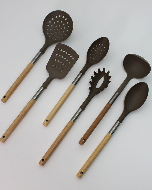 Set di 6 Utensili da Cucina colore Marrone e Manico in Legno