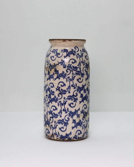 Vaso Vintage In Ceramica Bianca e fantasia fiori blu Con Effetto Crepato