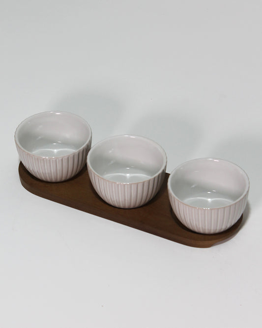 Set 3 ciotoline Bianco in ceramica con vassoio in bamboo