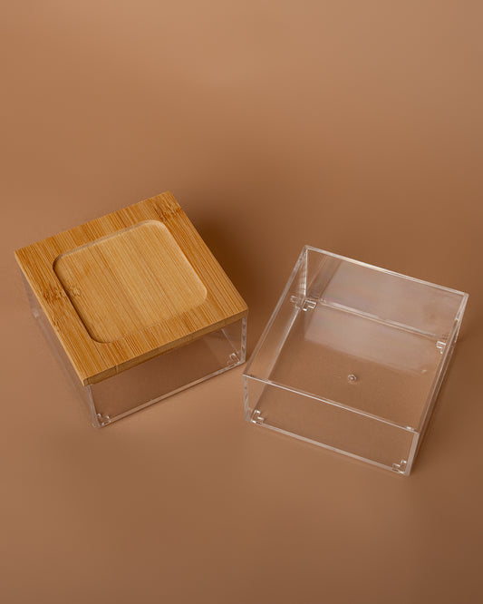 Contenitore porta oggetti componibile in plastica con coperchio in bamboo