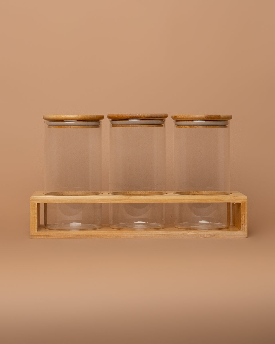 Set 3 barattoli in vetro con coperchio e supporto in bamboo
