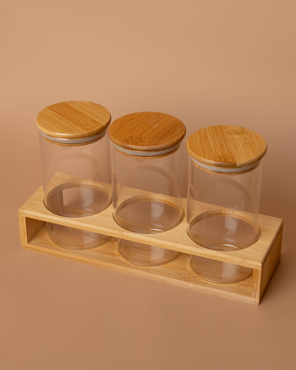 Set 3 barattoli in vetro con coperchio e supporto in bamboo