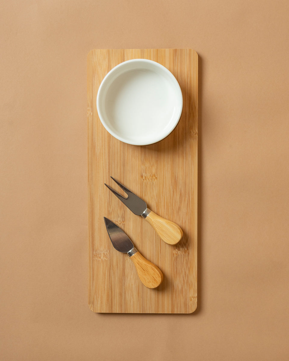 Tagliere Rettangolare in Bamboo con Ciotola in Porcellana + 2 utensili da formaggio