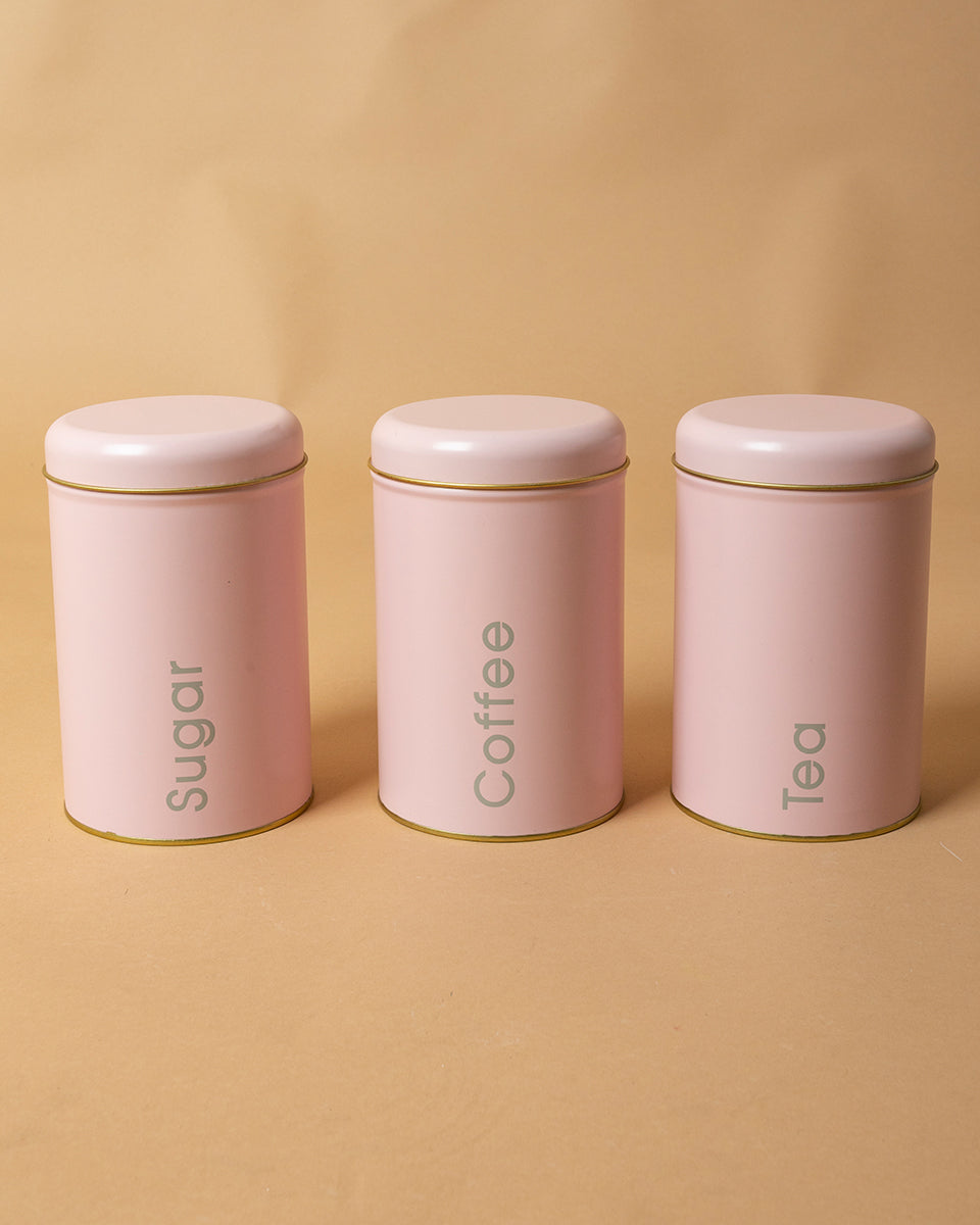 Tris barattoli in latta con scritta TEA-SUGAR-COFFEE, colore Rosa e bordo Oro