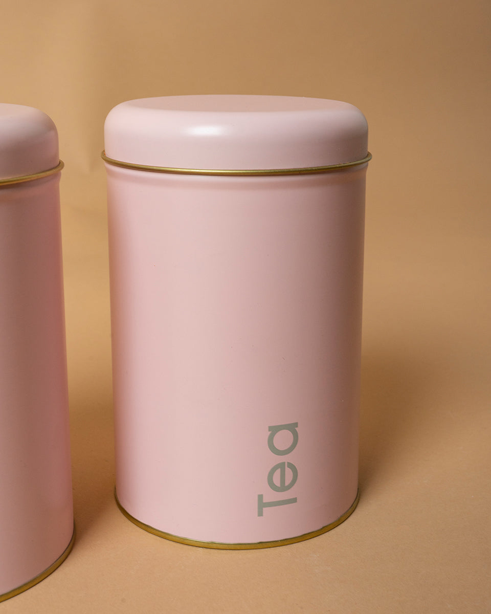 Tris barattoli in latta con scritta TEA-SUGAR-COFFEE, colore Rosa e bordo Oro